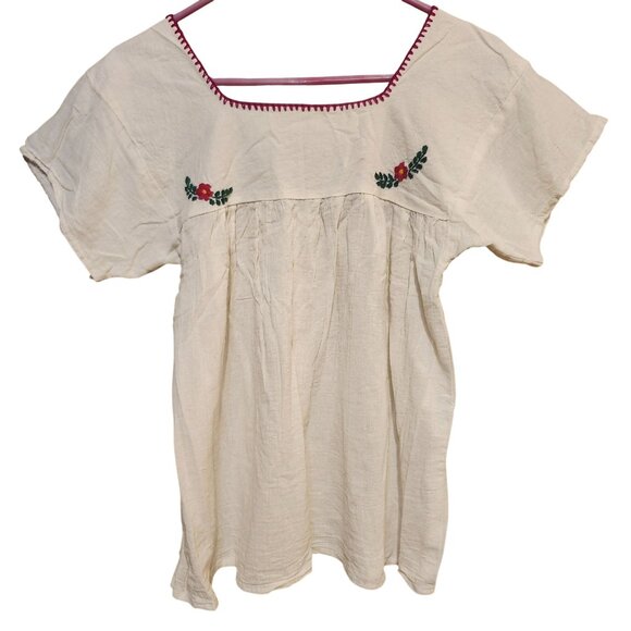 Vintage Women's Small Mexican Gauze Blouse Hand Embroidered Birds Flowers Ivory - Picture 6 of 7